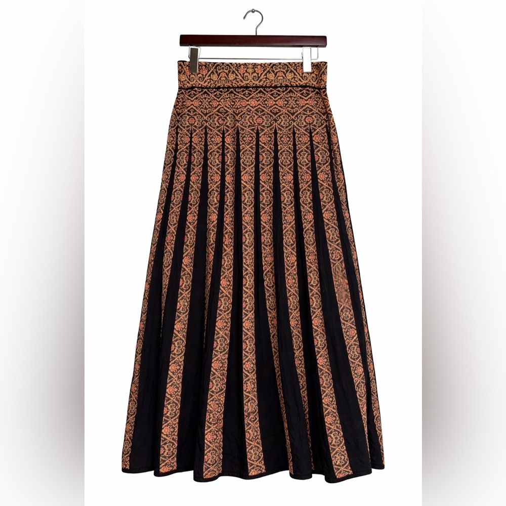 Peruvian Connection Black and Rust Pleated Maxi Skirt